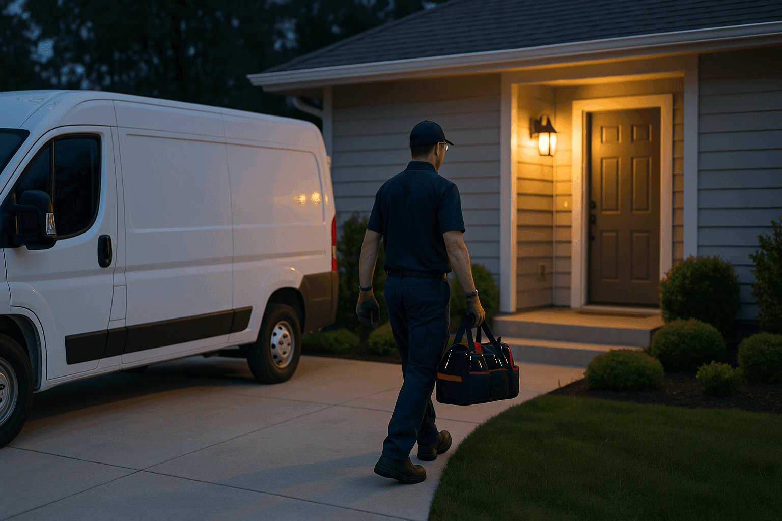 RWB Plumbing van outside home at night for emergency visit