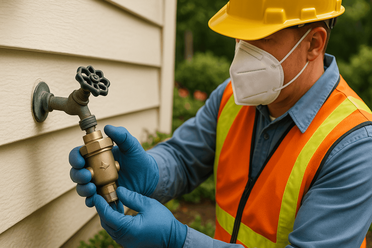 Technician installing backflow prevention device on outdoor faucet