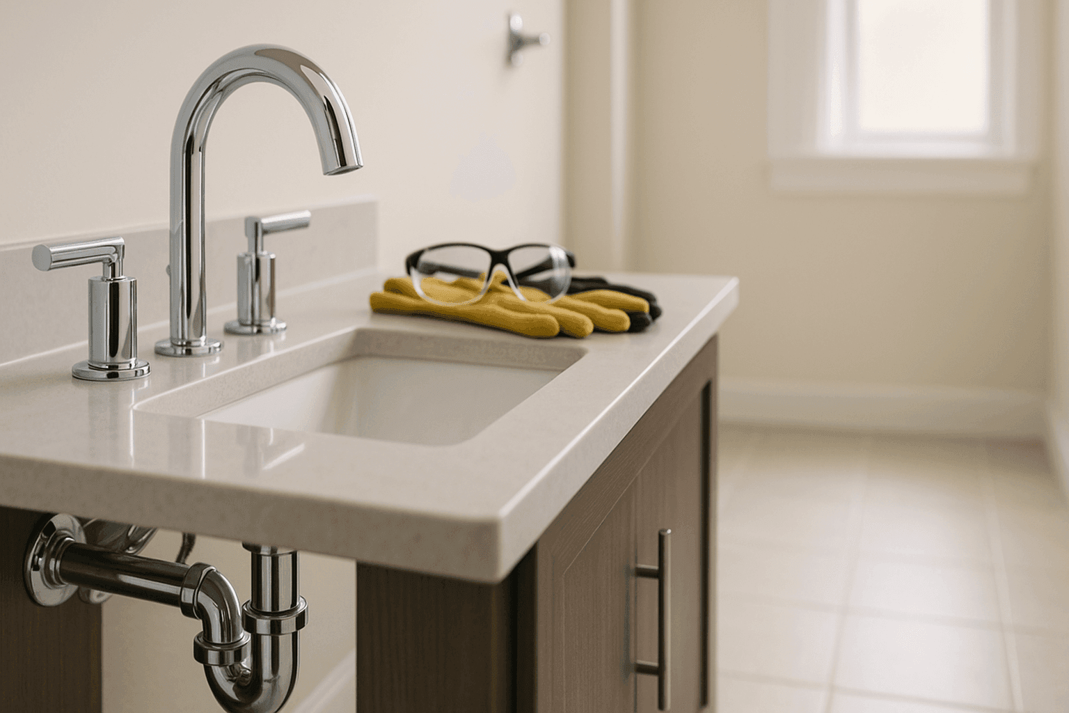 Modernized bathroom with new faucets and pipes installed
