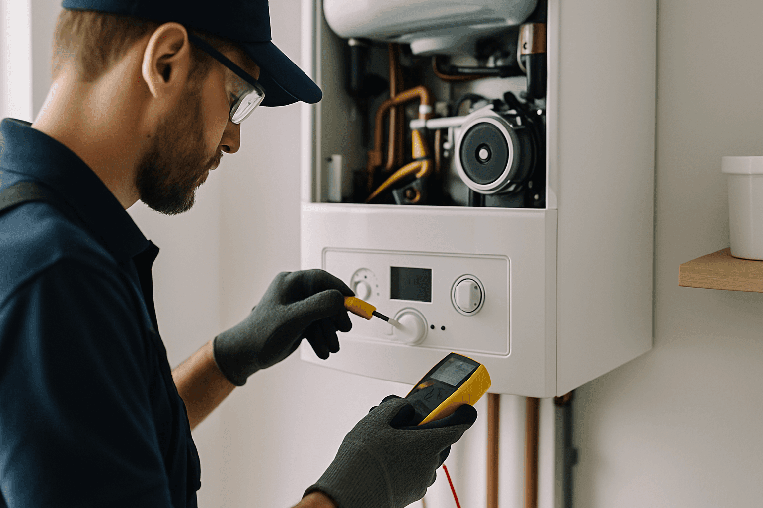 Technician inspecting residential boiler for repair or replacement