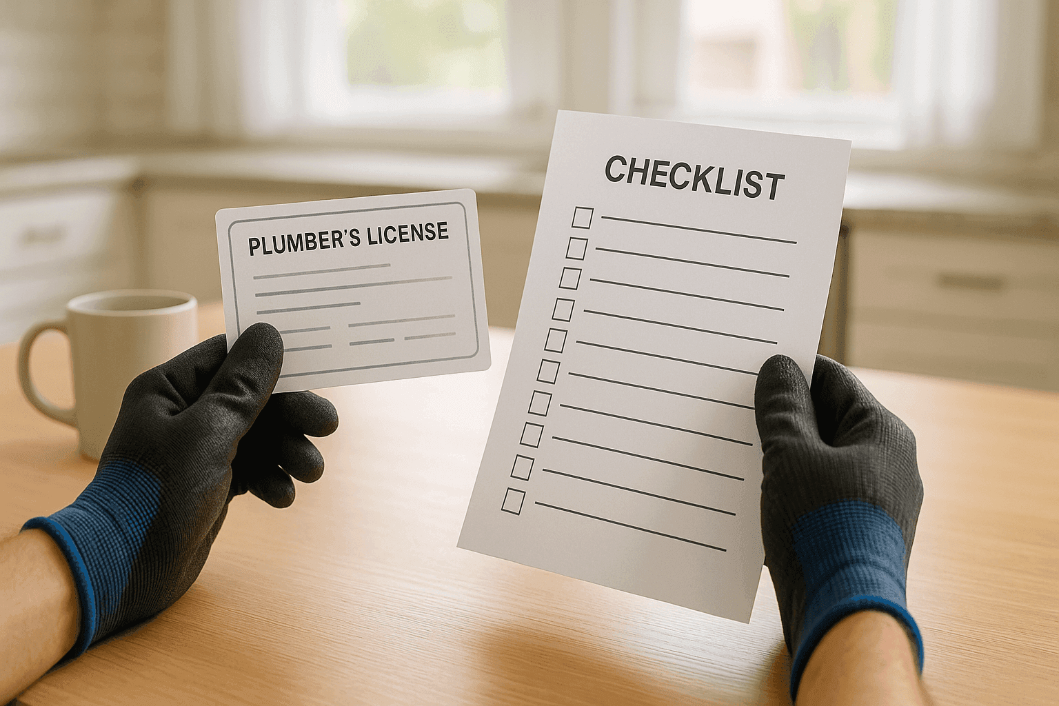 Homeowner reviewing plumber credentials and checklist