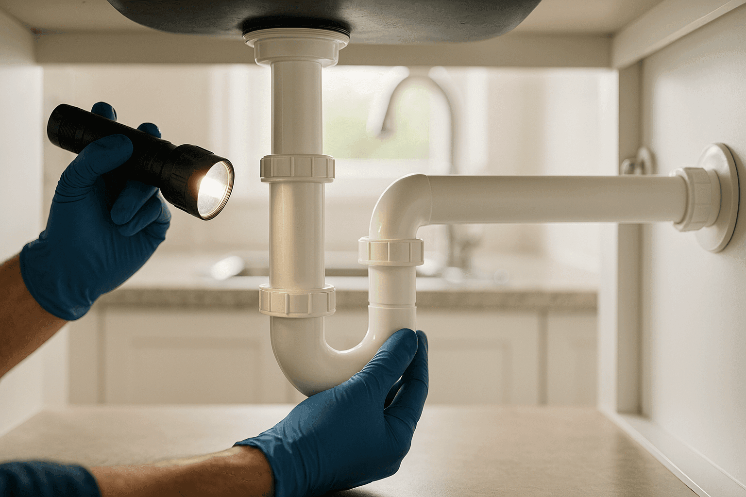 Homeowner using flashlight to inspect under kitchen sink for leaks
