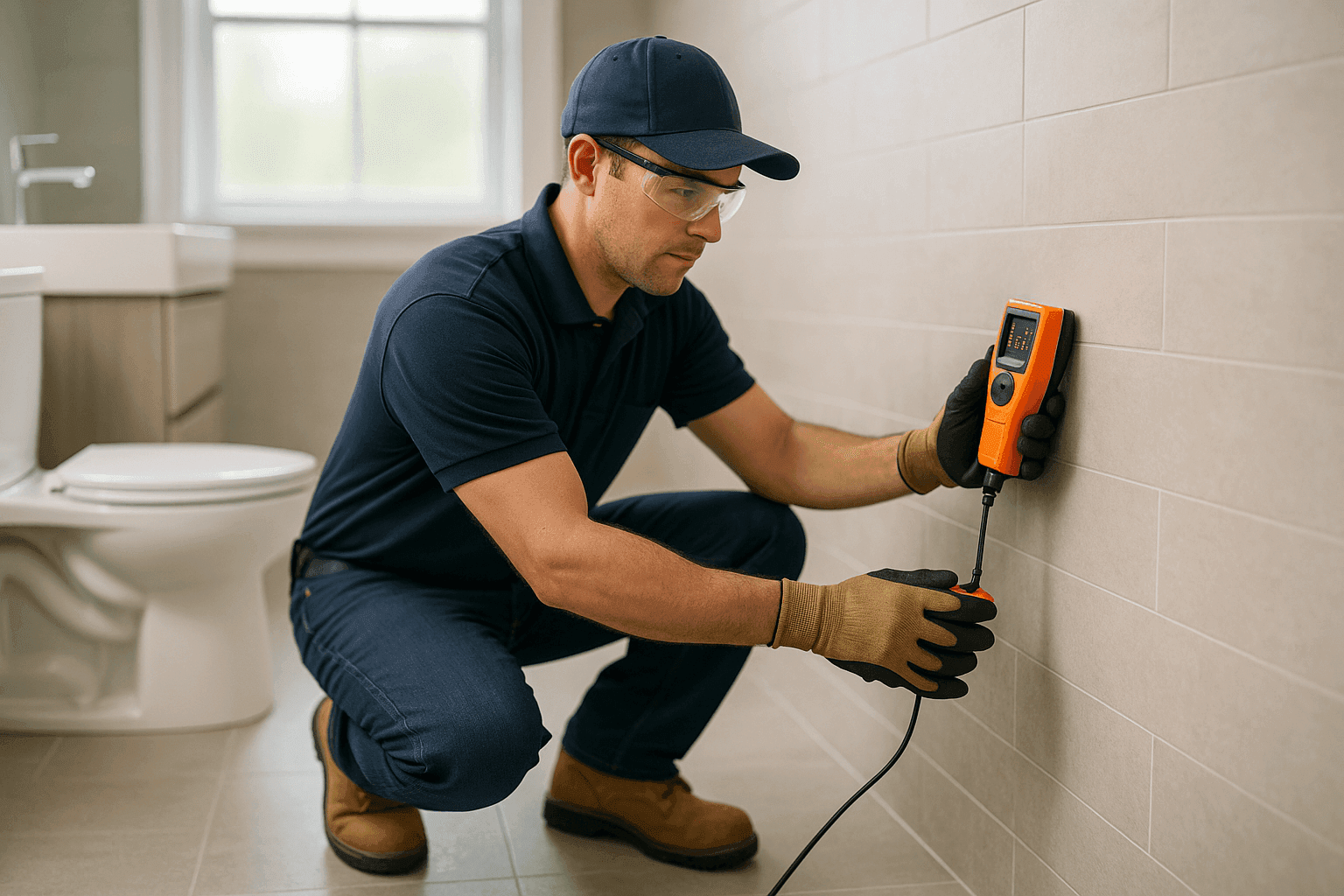 Technician using leak detection device near bathroom wall
