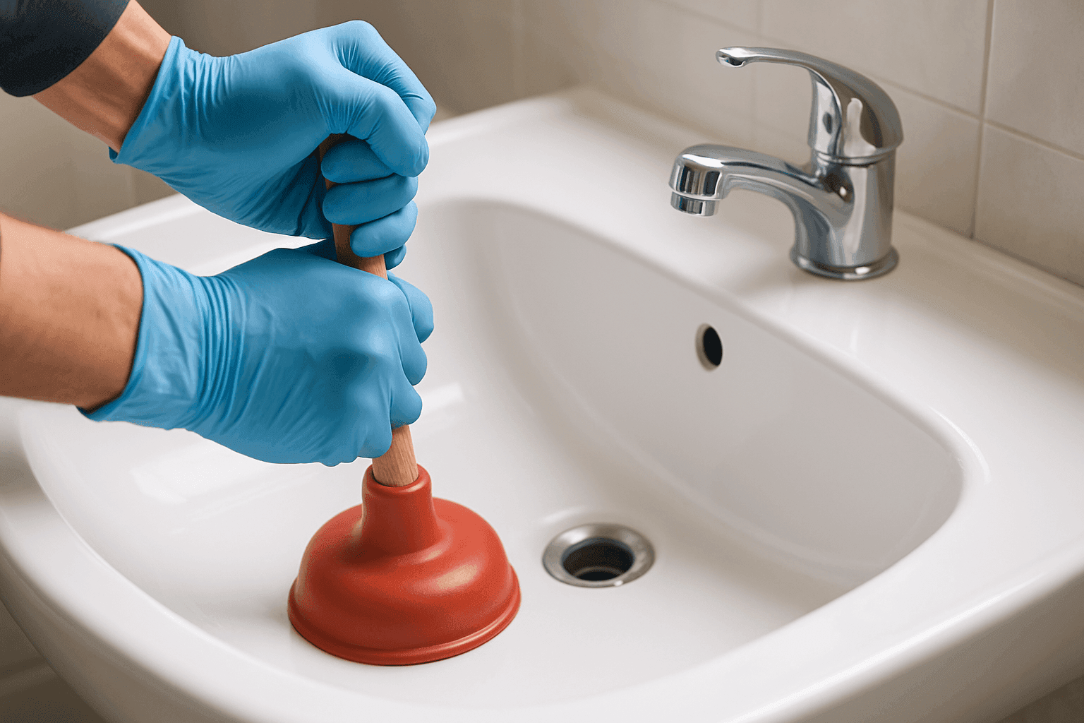 Homeowner using plunger on a bathroom sink
