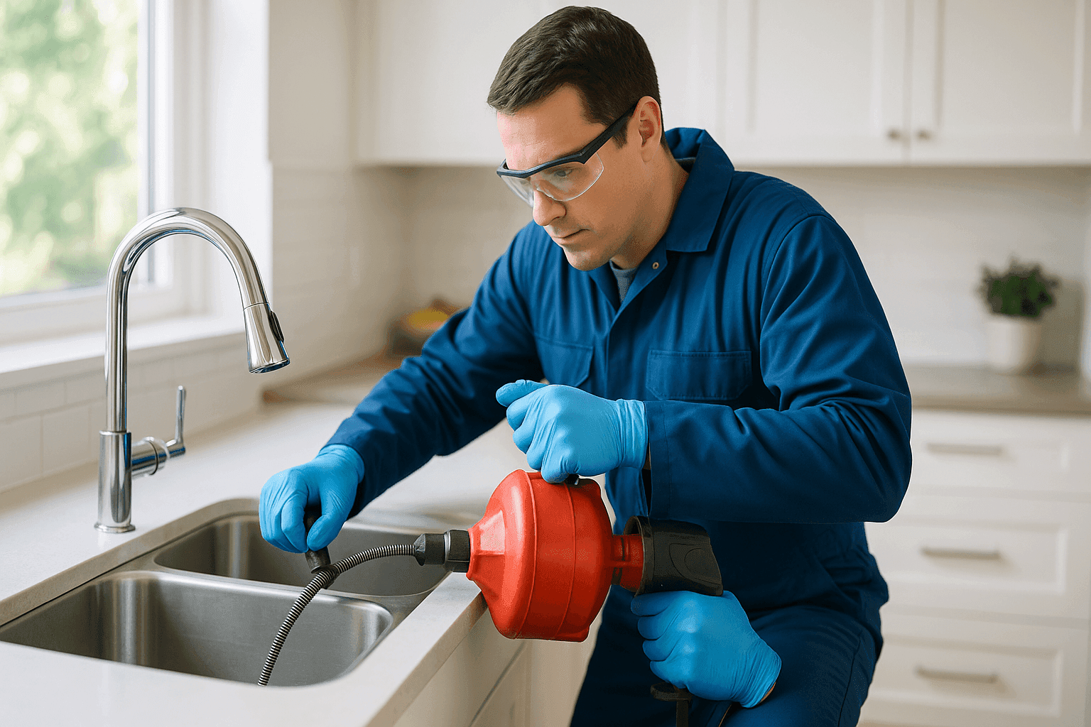 Technician using drain snake tool in kitchen sink