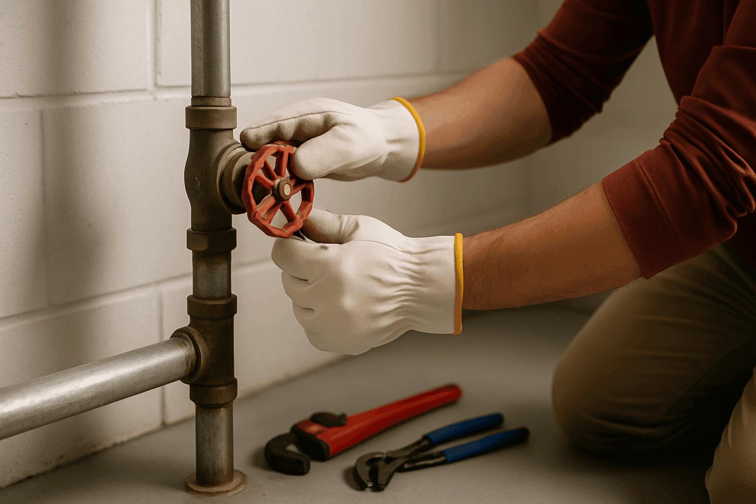 Homeowner shutting off main water valve during plumbing emergency