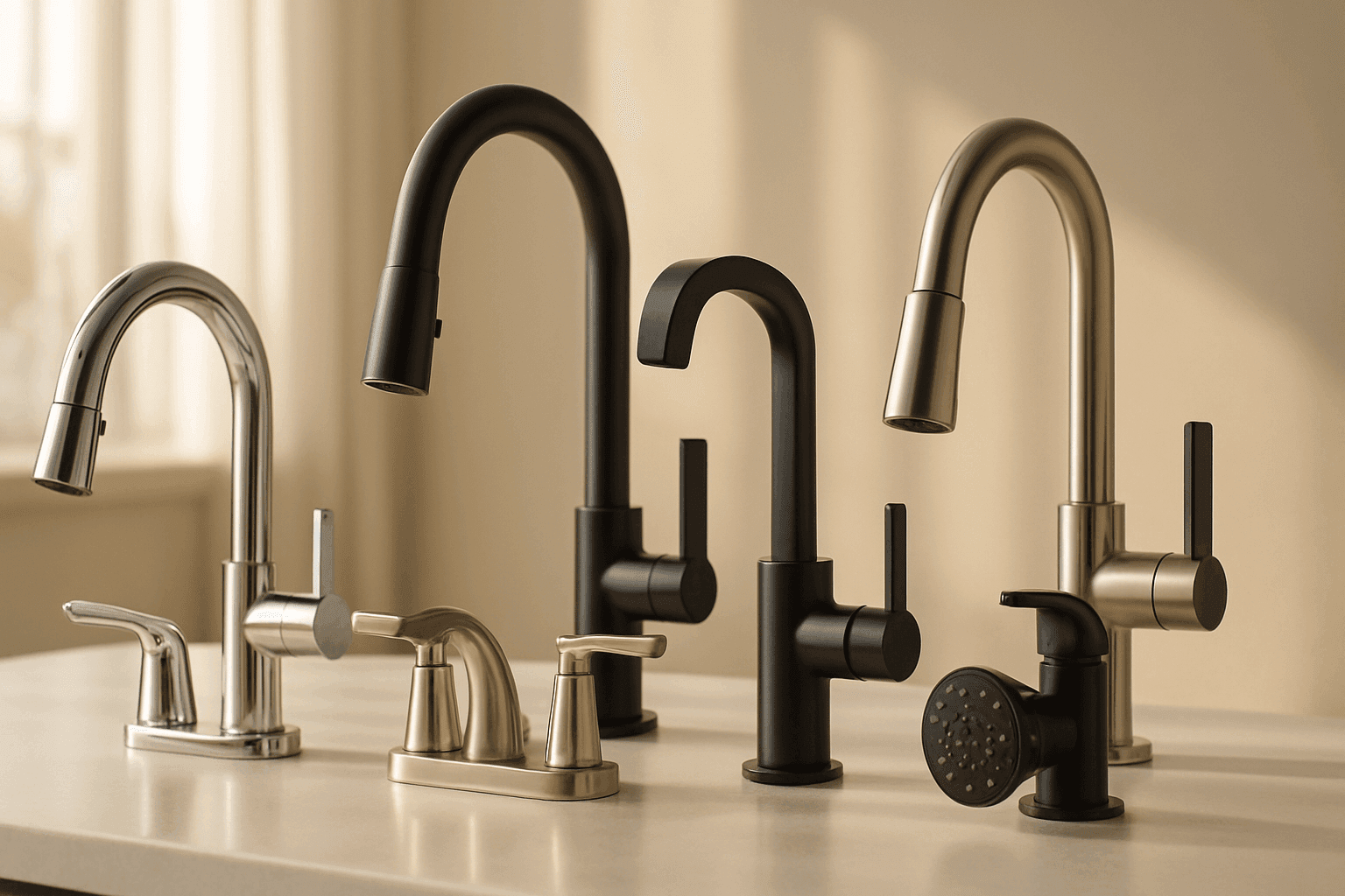 Selection of new kitchen and bathroom faucets on a countertop