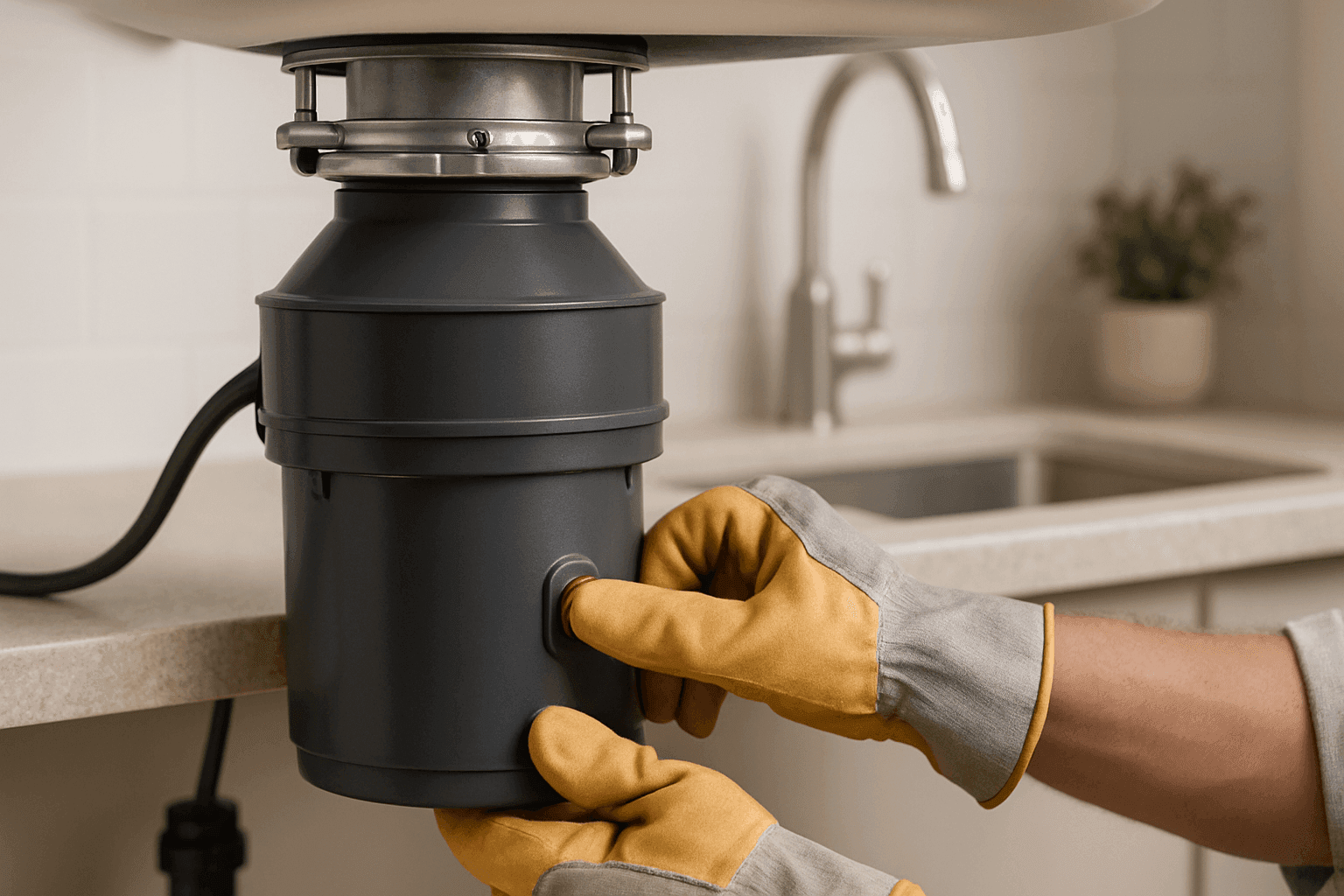 Homeowner resetting garbage disposal under kitchen sink