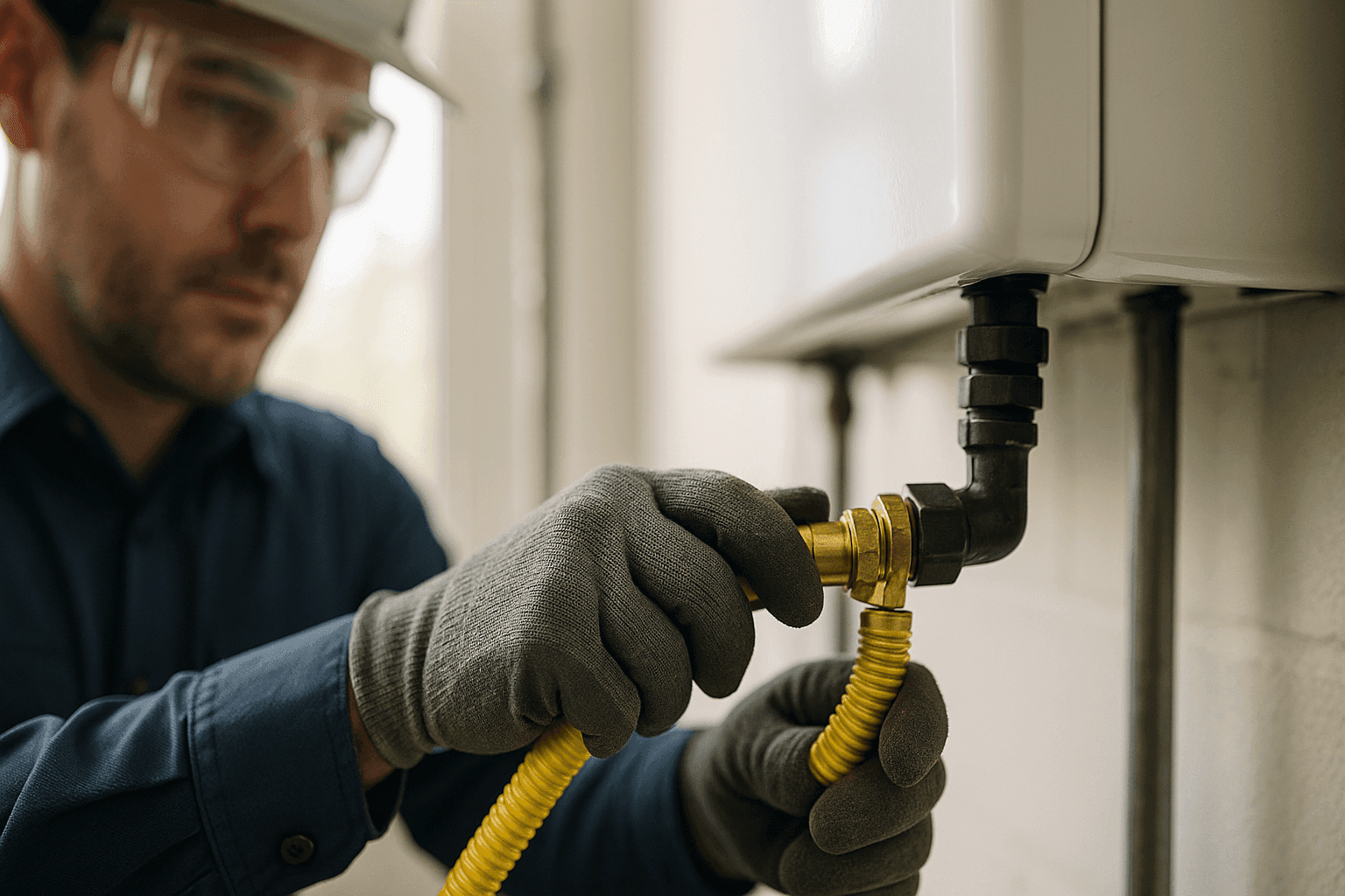 Technician installing new gas line with safety equipment