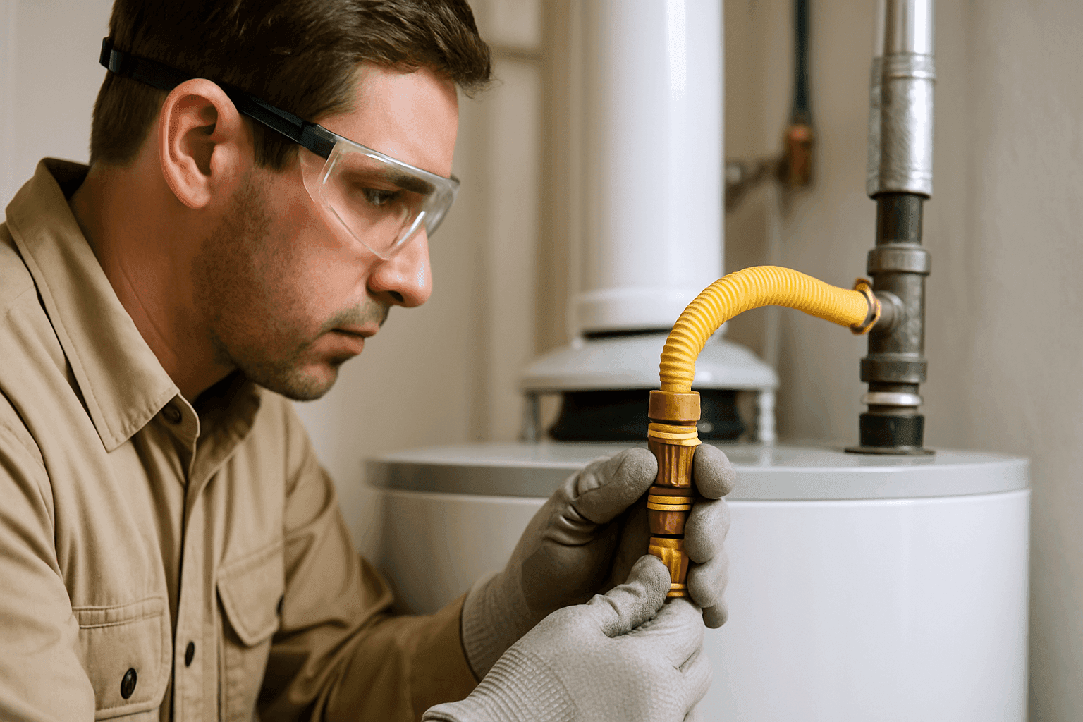Technician checking gas line connections in residential utility room