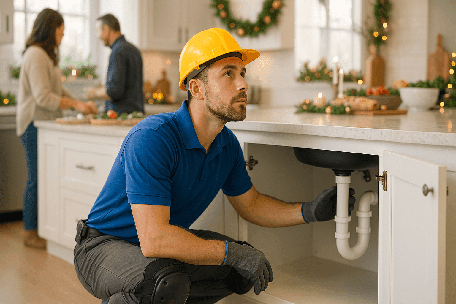 Family preparing holiday meal in kitchen while plumber inspects under sink