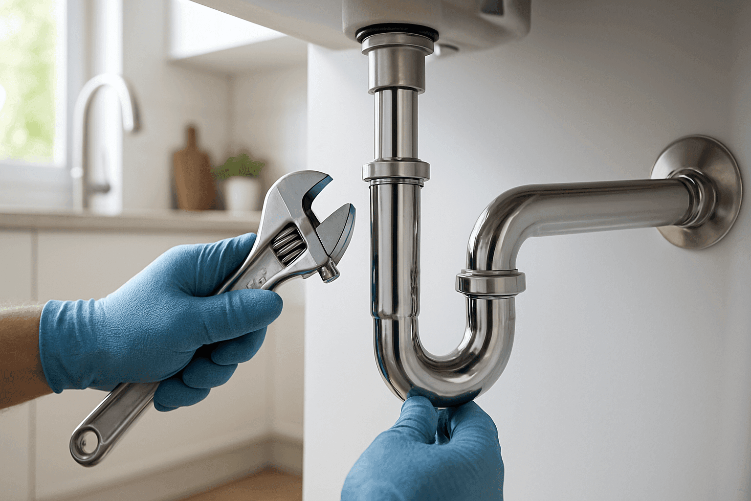Homeowner fixing kitchen sink plumbing under cabinet