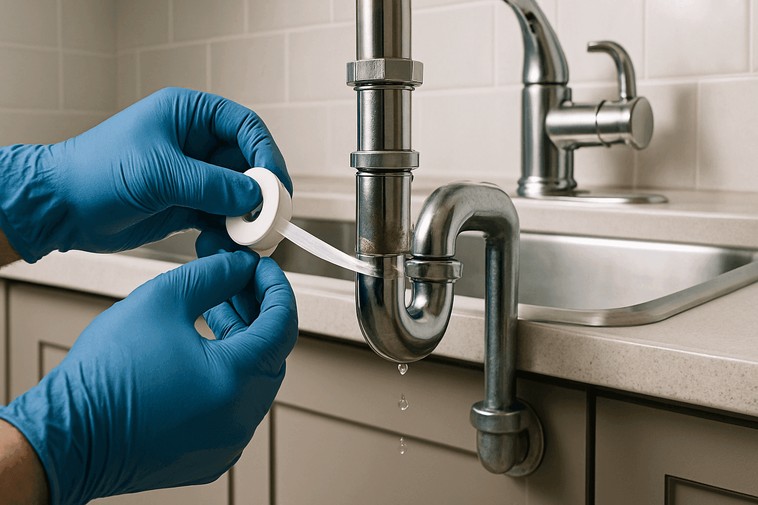 Closeup of homeowner applying plumber's tape to leaking pipe