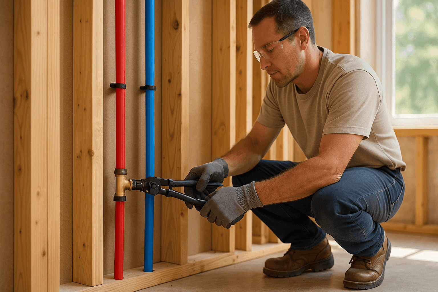 Technician installing new PEX pipes in residential wall
