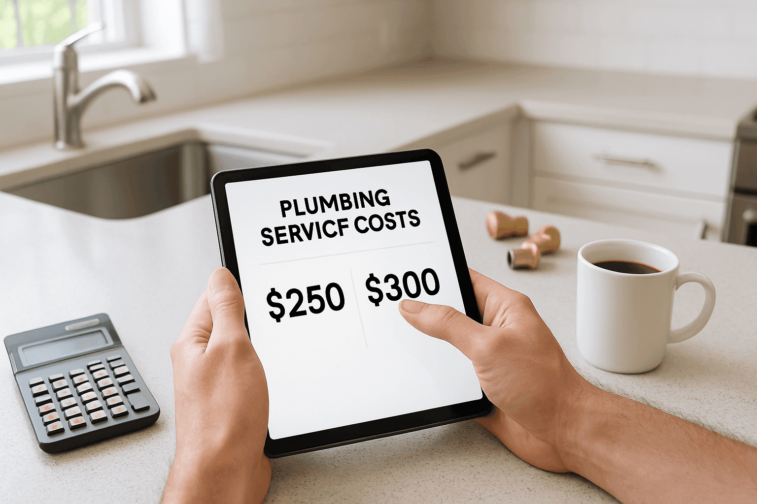 Homeowner comparing plumbing repair costs on tablet