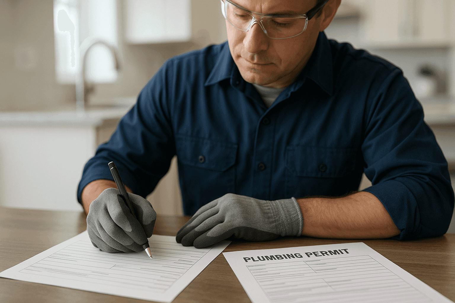 Plumber completing plumbing permit paperwork at home
