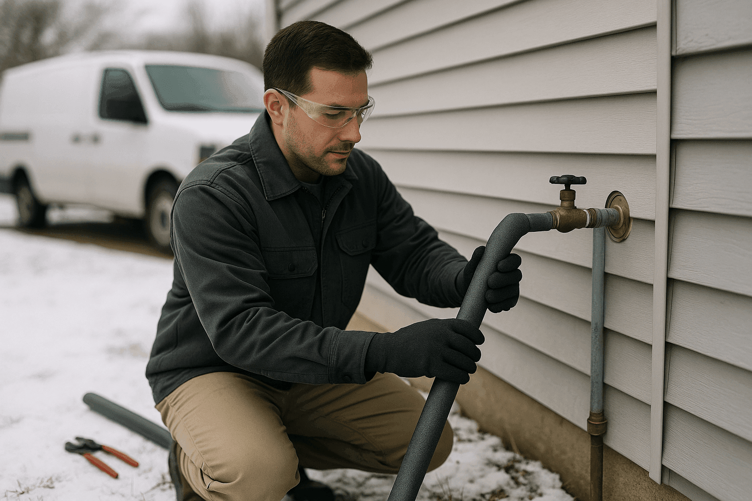 Homeowner insulating outdoor plumbing pipes to prevent freezing in winter