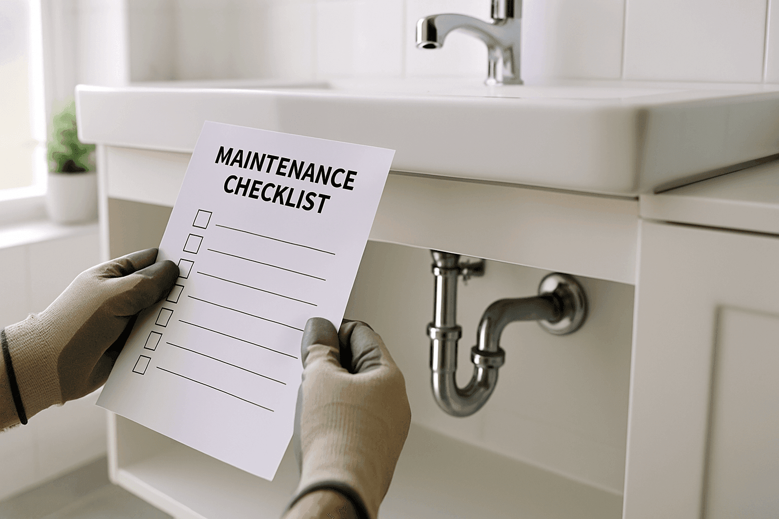 Homeowner inspecting pipes under bathroom sink with checklist