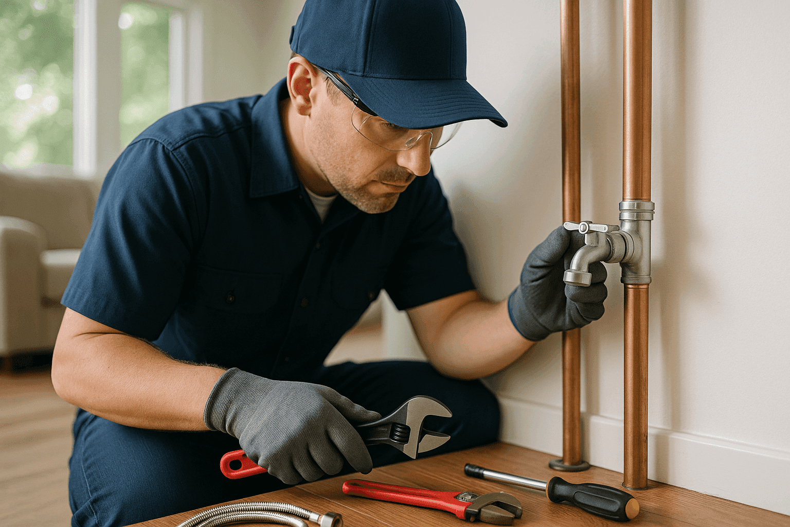Professional plumber performing routine maintenance on residential water pipes