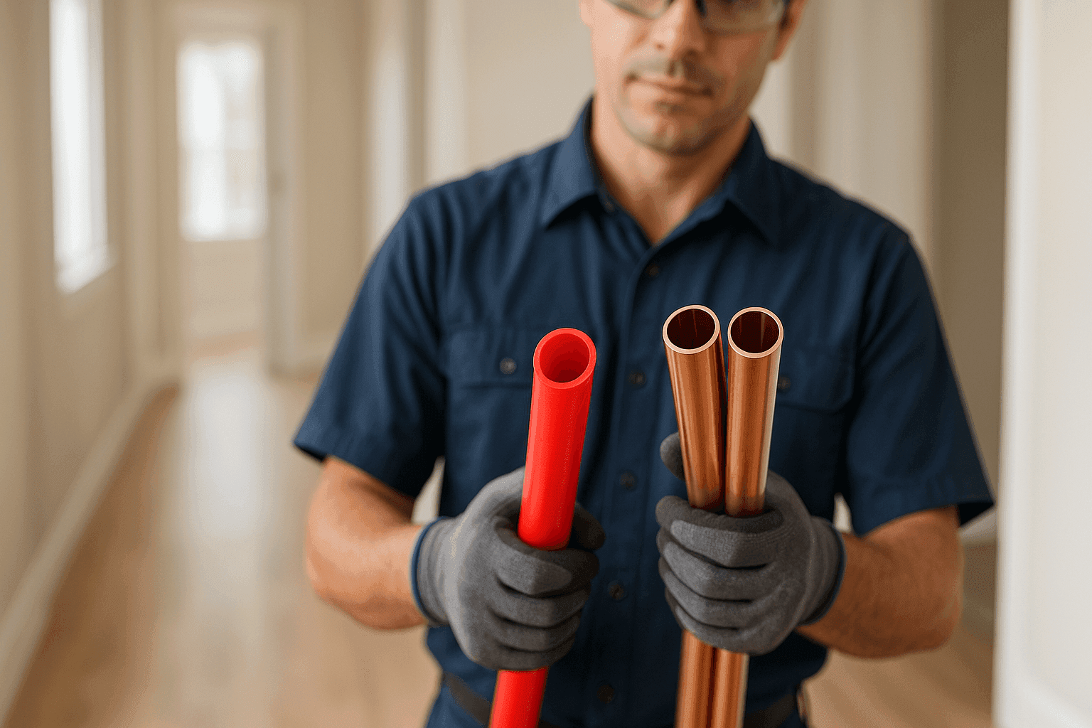 Technician holding new PEX and copper piping for home repiping