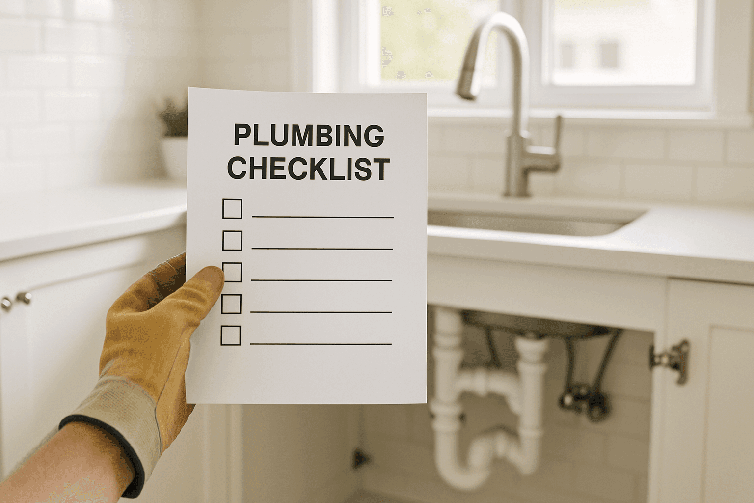 Homeowner marking off plumbing checklist in kitchen