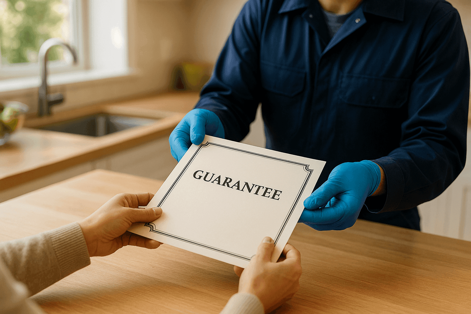 Plumber handing homeowner a service guarantee certificate