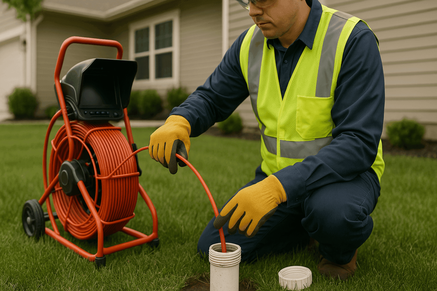 Technician using sewer camera inspection tool at home cleanout