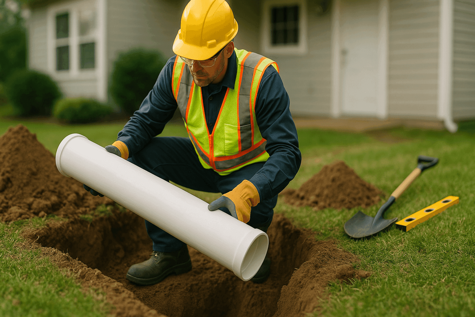 Technician laying new sewer line pipe in residential trench