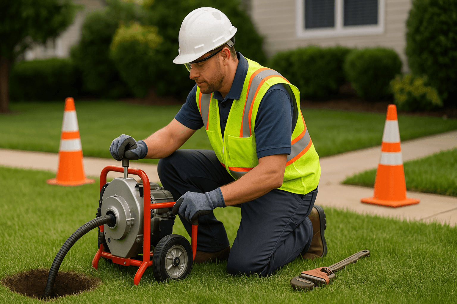 Technician performing trenchless sewer line repair in yard