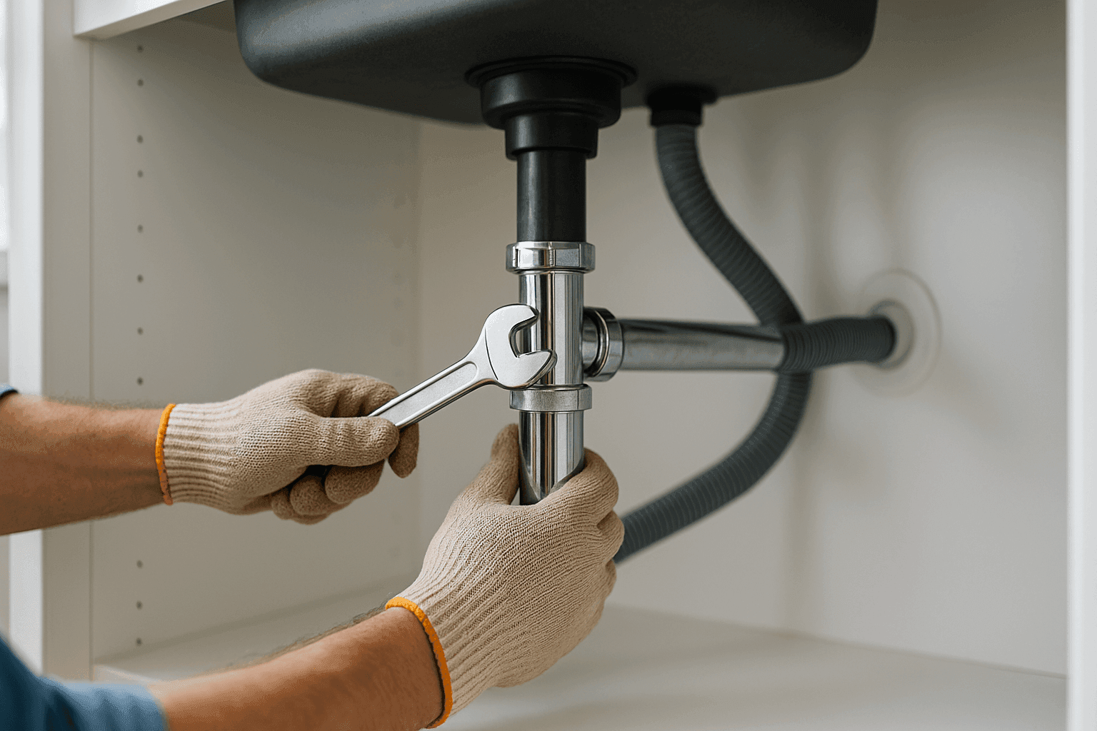 Homeowner tightening pipe connection under kitchen sink