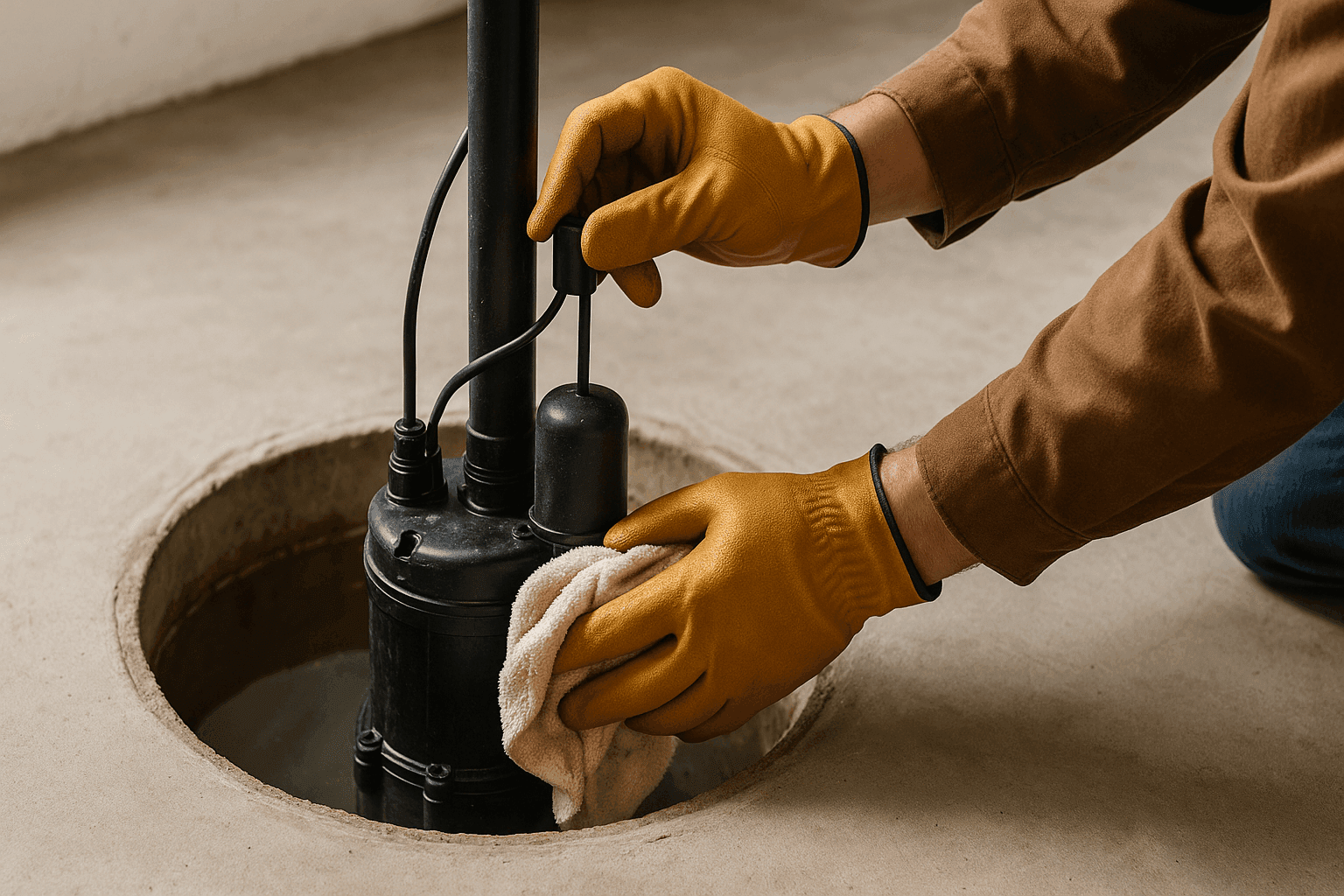 Homeowner cleaning and testing sump pump in basement pit