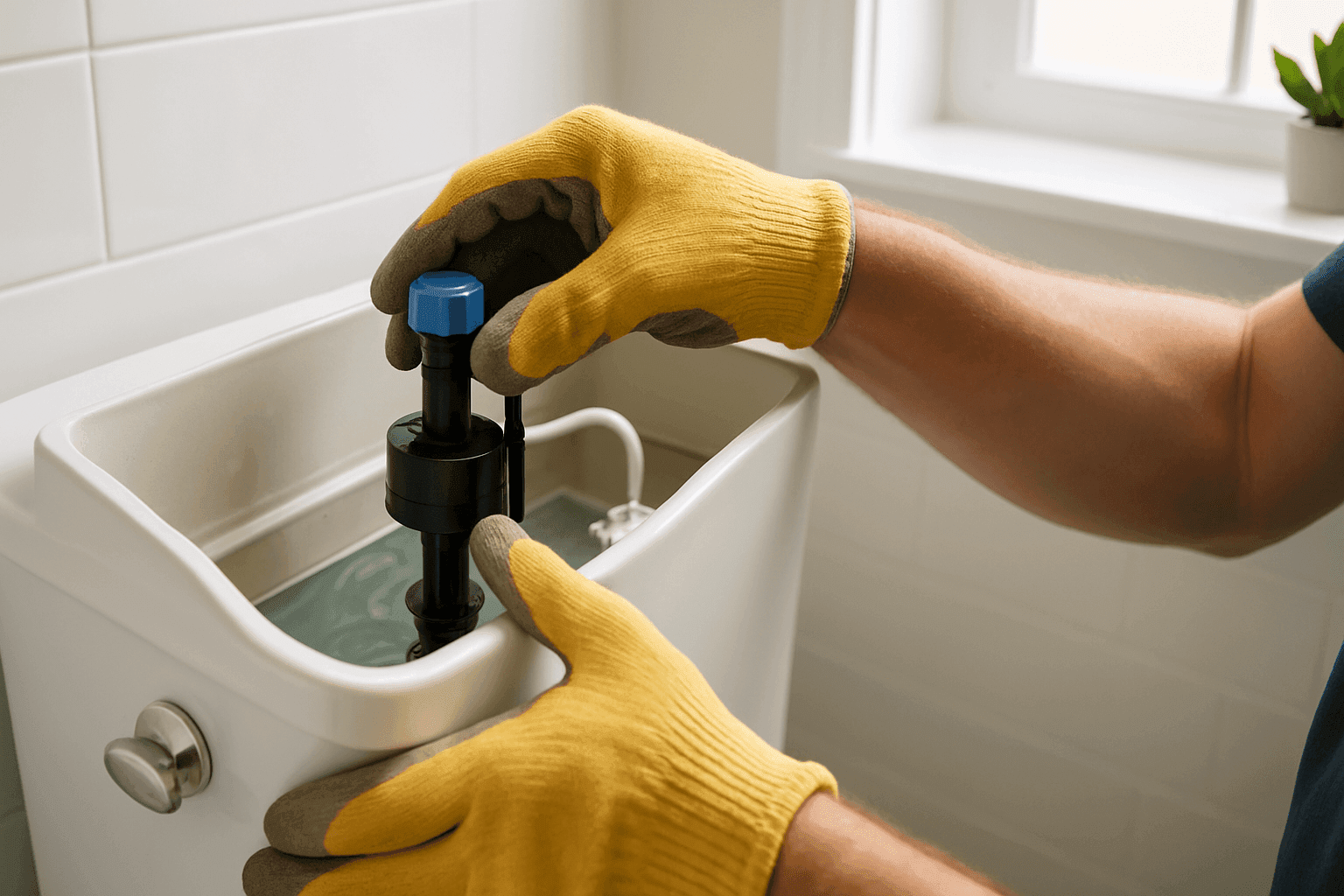 Homeowner adjusting toilet tank components for repair