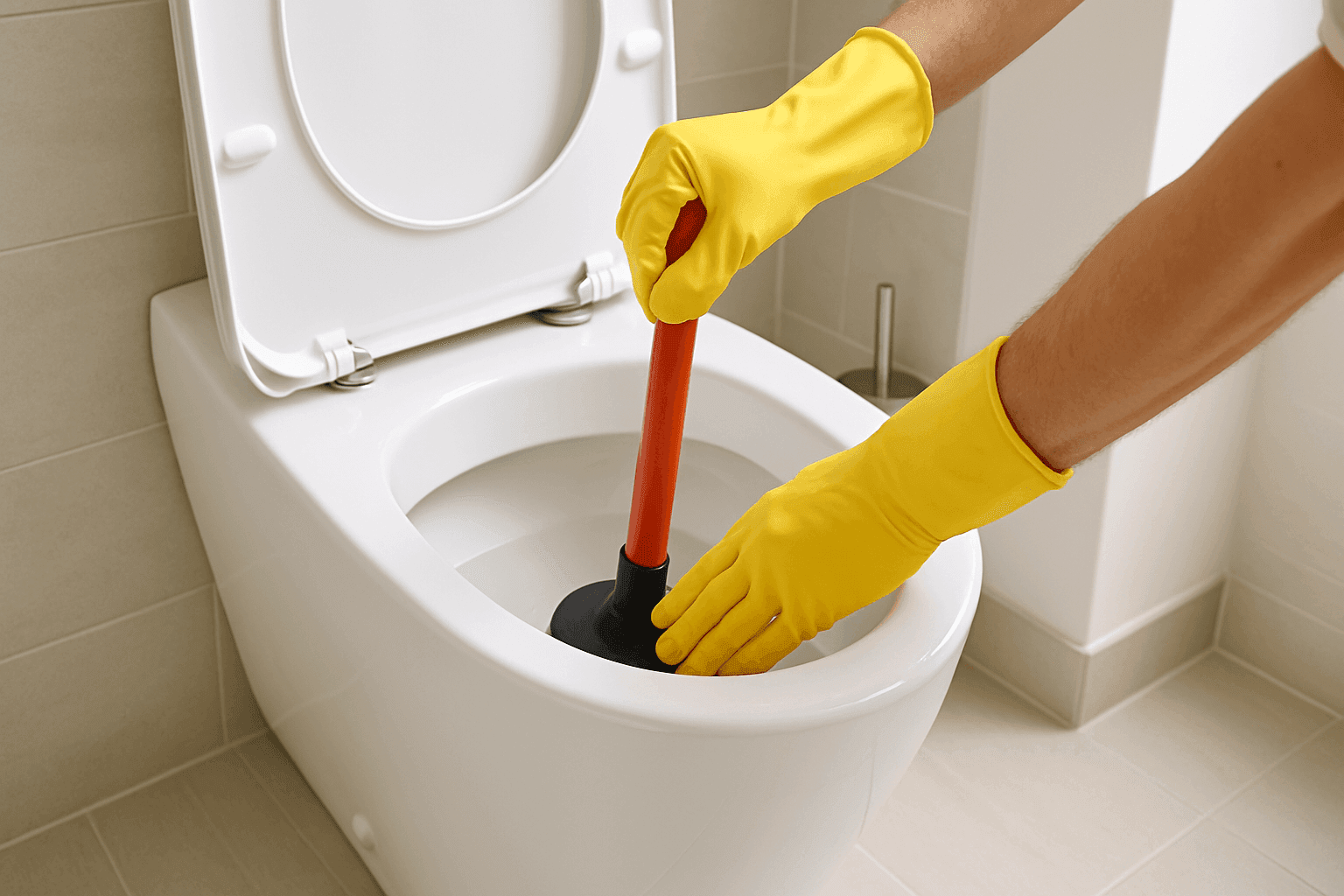 Homeowner using a plunger to unclog a residential toilet