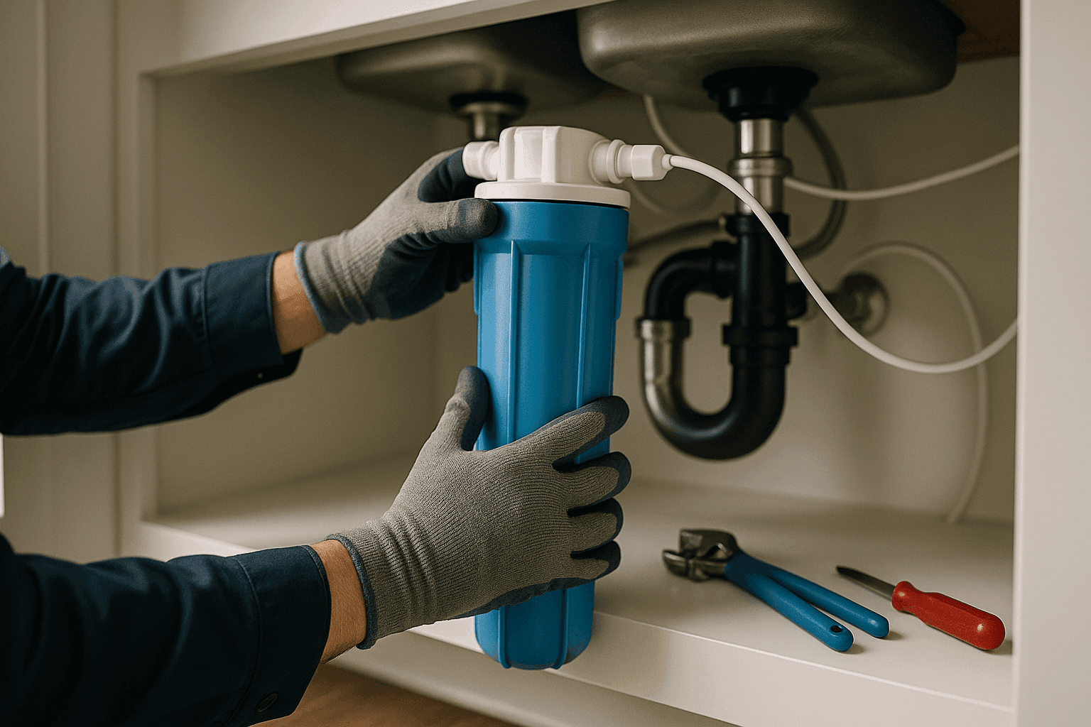 Technician installing under-sink water filtration system