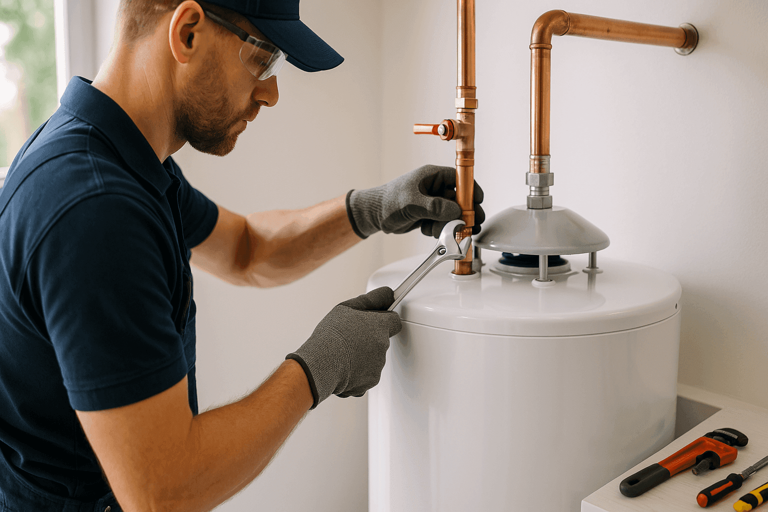Technician installing a new water heater in home utility room