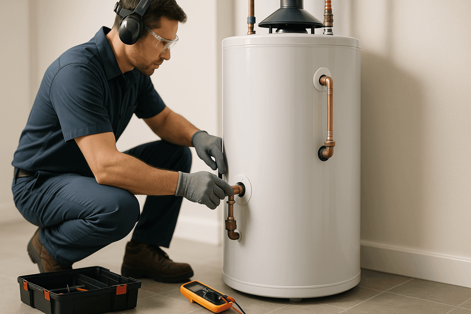 Técnico inspeccionando un calentador de agua residencial en busca de fugas