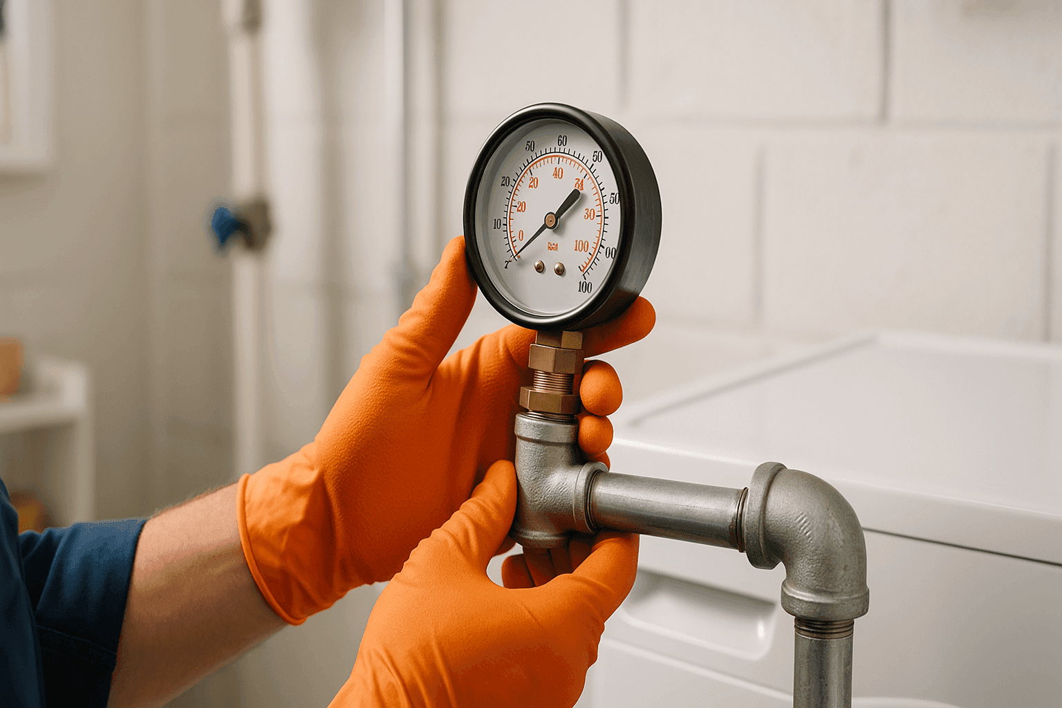 Technician checking water pressure gauge on residential pipe